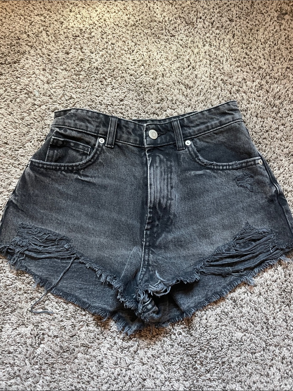 Zara Black Distressed High-Rise Jean Shorts